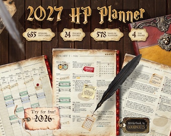 May include: A 2027 HP Planner digital set featuring a red and yellow leather-look cover with a lion emblem, multiple planner page layouts with weekly and daily schedules, a black quill pen, and labels indicating 655 stickers, 24 covers, 578 pages, and 4 tab colors.