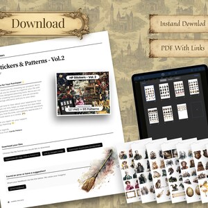 May include: A digital download product with the title "HP Stickers & Patterns - Vol.2" is displayed. The image shows a tablet displaying sticker designs, a printed document, and a watercolor illustration of a broom. The product includes 127 PNG files and 65 patterns.