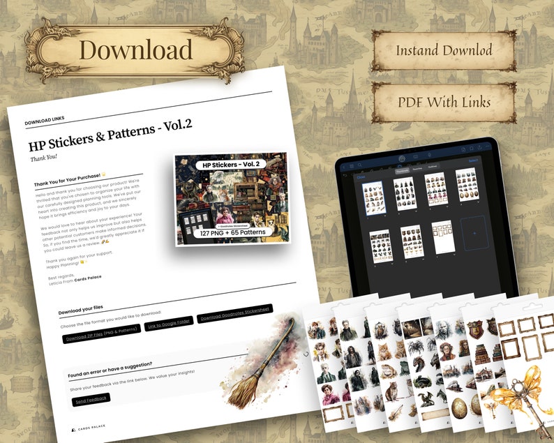 May include: A digital download product with the title "HP Stickers & Patterns - Vol.2" is displayed. The image shows a tablet displaying sticker designs, a printed document, and a watercolor illustration of a broom. The product includes 127 PNG files and 65 patterns.