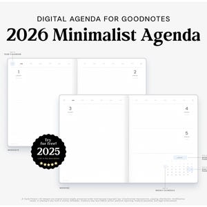 2026 Minimalistischer Digitaler Planer | 4 tägliche Optionen | Bullet Lined Grid | Journal Einfache Agenda Landschaft datiert für Goodnotes, OneNote, etc