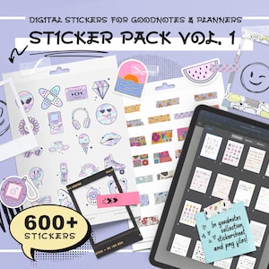 May include: A digital sticker pack for Goodnotes and planners with over 600 stickers. The pack includes a variety of stickers in different colors and designs, including cute cartoon characters, geometric shapes, and floral patterns. The stickers are perfect for adding a personal touch to your notes, planners, and digital journals.