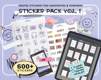 Goodnotes Stickers Pack | 650 Stickers  PNG Goodnotes Collection and Stickerbook | Y2K Doodles Tapes Holographic Scribbles Sticky Notes Tags