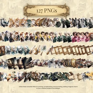 May include: A collection of 127 PNG images featuring watercolor illustrations of fantasy characters, creatures, and objects. The images include portraits, animals, and architectural elements. Text reads: "127 PNGs".