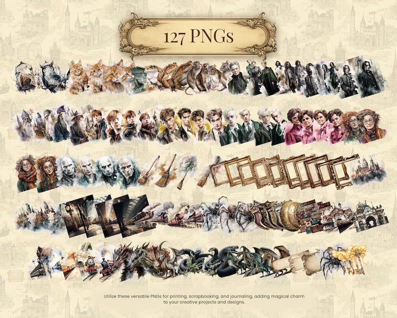 May include: A collection of 127 PNG images featuring watercolor illustrations of fantasy characters, creatures, and objects. The images include portraits, animals, and architectural elements. Text reads: "127 PNGs".