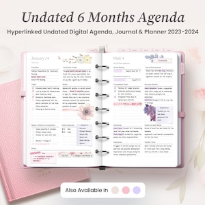 Peut inclure: Un agenda numérique rose et blanc avec le texte "Undated 6 Months Agenda" et "Hyperlinked Undated Digital Agenda, Journal & Planner 2023-2024". L'agenda présente un motif floral et comprend une page hebdomadaire avec des sections pour les objectifs, la gratitude et les tâches quotidiennes.
