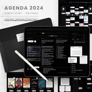 2024 Dark Mode Digital Planner Landscape, 2024 Digital Dated Daily Planner, Weekly Schedule, 2024 iPad Planner, 2024 Dark Mode GoodNotes