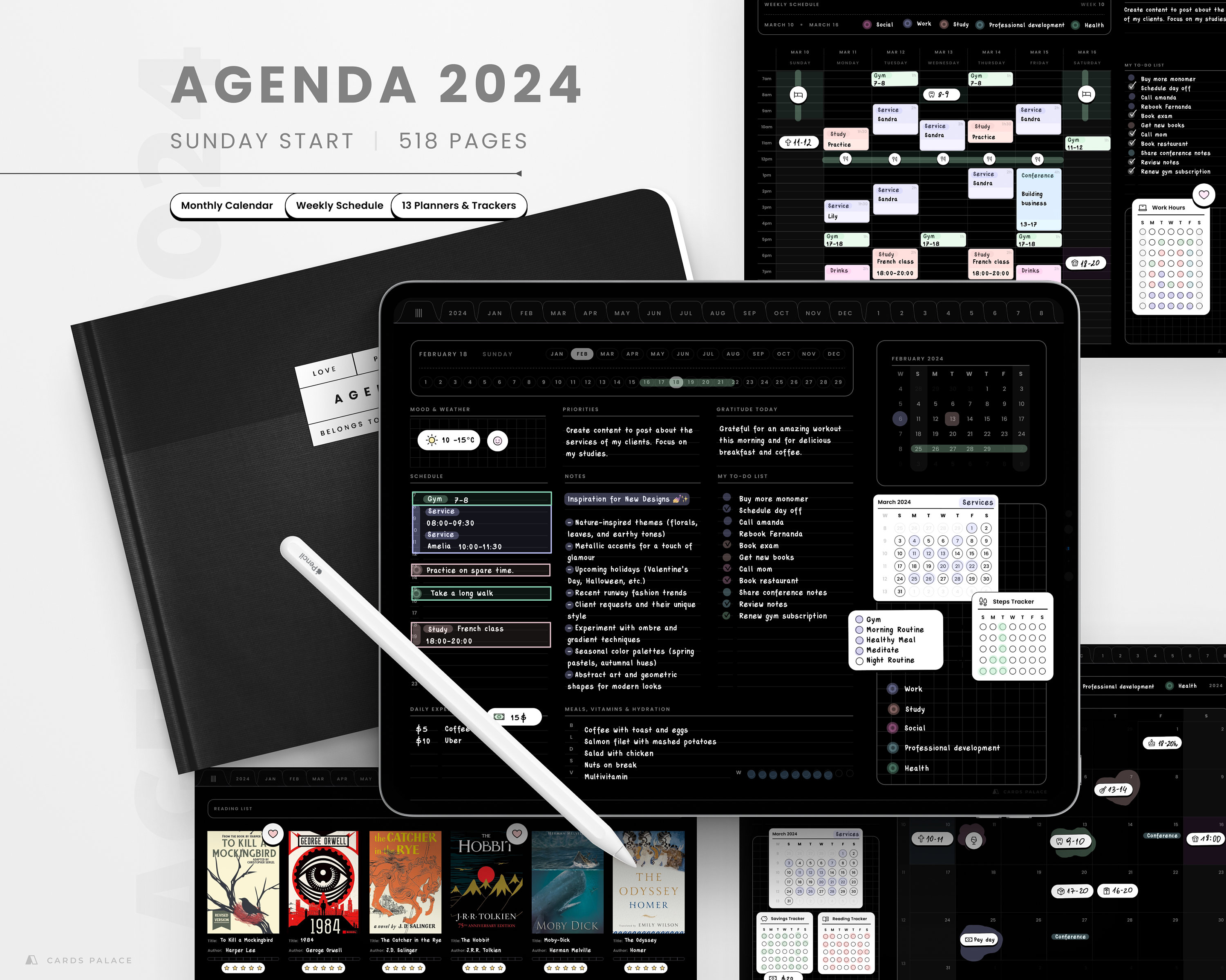 2024 Dark Mode Digital Planner Landscape, 2024 Digital Dated Daily Planner, Weekly Schedule, 2024 iPad Planner, 2024 Dark Mode GoodNotes