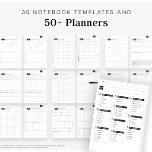 May include: A digital collection of 30 notebook templates and 50+ planners featuring black and white layouts. The display shows various grid, list, and tracker pages, including a comprehensive index page with categorized sections for daily, financial, and personal planning.
