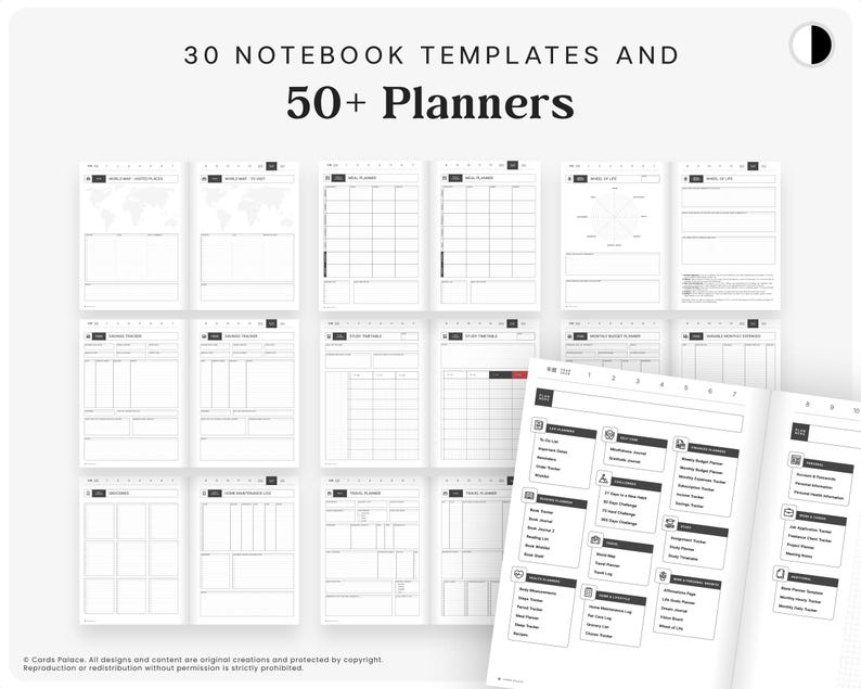 May include: A digital collection of 30 notebook templates and 50+ planners featuring black and white layouts. The display shows various grid, list, and tracker pages, including a comprehensive index page with categorized sections for daily, financial, and personal planning.