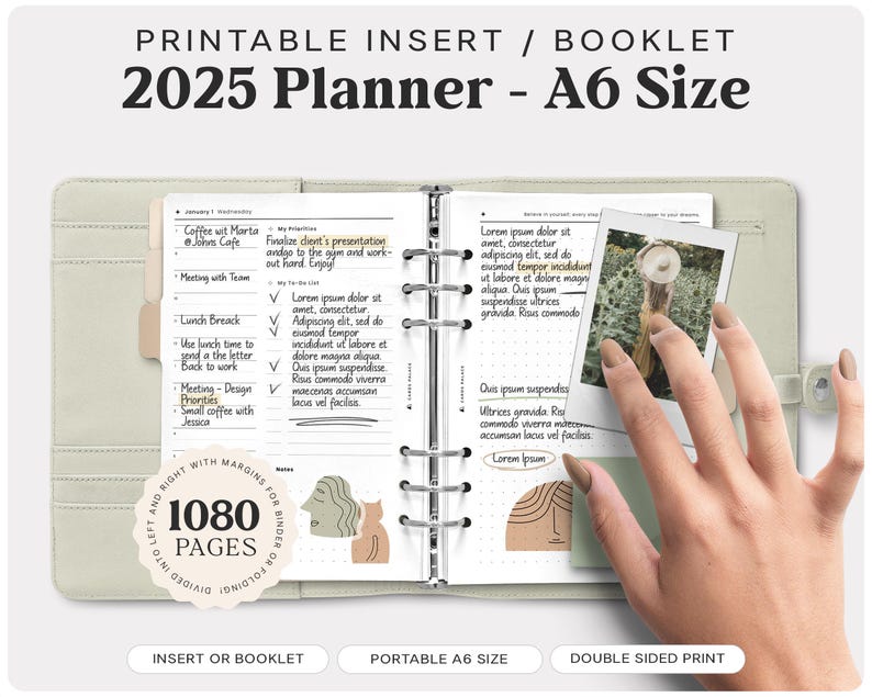 May include: A6 size printable planner for 2025 with 1080 pages. The planner is shown open with a photo inserted in the right-hand page. The planner has a light green cover and a ring binding system.
