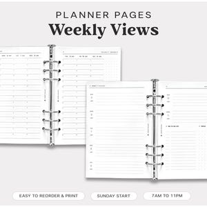 May include: Two blank weekly planner pages with a silver binder. The pages are divided into hourly sections from 7 AM to 11 PM. The planner starts on Sunday. The text "PLANNER PAGES Weekly Views" is at the top of the image.