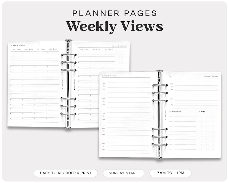 May include: Two blank weekly planner pages with a silver binder. The pages are divided into hourly sections from 7 AM to 11 PM. The planner starts on Sunday. The text "PLANNER PAGES Weekly Views" is at the top of the image.