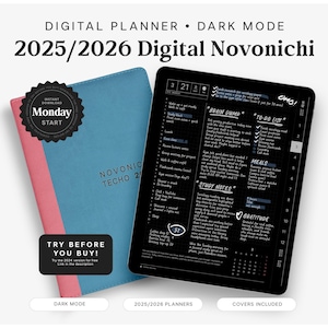 Planificador digital Hobonichi 2025 2026 en modo oscuro para Goodnotes, vista semanal diaria, planificador diario mensual, cuaderno vertical Novonichi