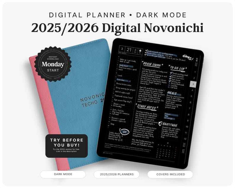Dark Mode Hobonichi 2025 2026 Digital Planner for Goodnotes Daily Week ...