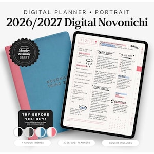 Puede incluir: Una agenda digital vertical 2026/2027 titulada Novonichi mostrada en la pantalla de una tableta junto a una cubierta de agenda física azul y rosa. La pantalla muestra un horario diario con notas manuscritas y una interfaz de calendario.