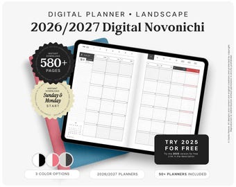 May include: A digital planner titled 2026/2027 Digital Novonichi displayed on a tablet screen. The planner features a landscape grid layout with monthly views. Two circular badges highlight 580+ pages and Sunday and Monday start options. Three color swatches are shown below.