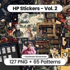 May include: A digital sticker set labelled "HP Stickers - Vol. 2" with illustrations of characters, objects, and patterns. The set includes 127 PNG images and 65 patterns, with a Goodnotes sticker sheet. The images have a fantasy theme.