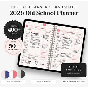 以下が含まれることがあります： タブレットに表示された「2026 Old School Planner」のテキストが入ったデジタルプランナー。画像には、400ページ以上、50以上のプランナー、3つのカラーオプションを示すアイコンが含まれています。「Try it for Free」と書かれたボタンがあります。