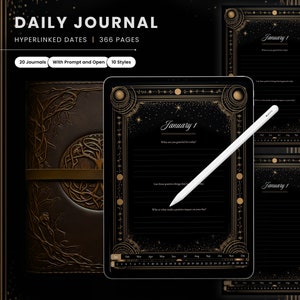Könnte beinhalten: Ein digitales Tablet zeigt ein tägliches Journal mit schwarzem Hintergrund und goldenen Akzenten. Das Journal hat ein himmlisches Thema mit Sternen, Monden und Planeten. Der Text "January 1" ist auf dem Bildschirm sichtbar. Das Tablet liegt auf einem braunen Lederjournal mit einem Baumdesign.