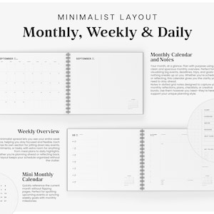 Pu&ograve; includere: Un'agenda minimalista con il testo "Monthly, Weekly & Daily". Include calendari mensili, panoramiche settimanali e mini calendari mensili. Il design &egrave; pulito e spazioso, con note a griglia a punti.