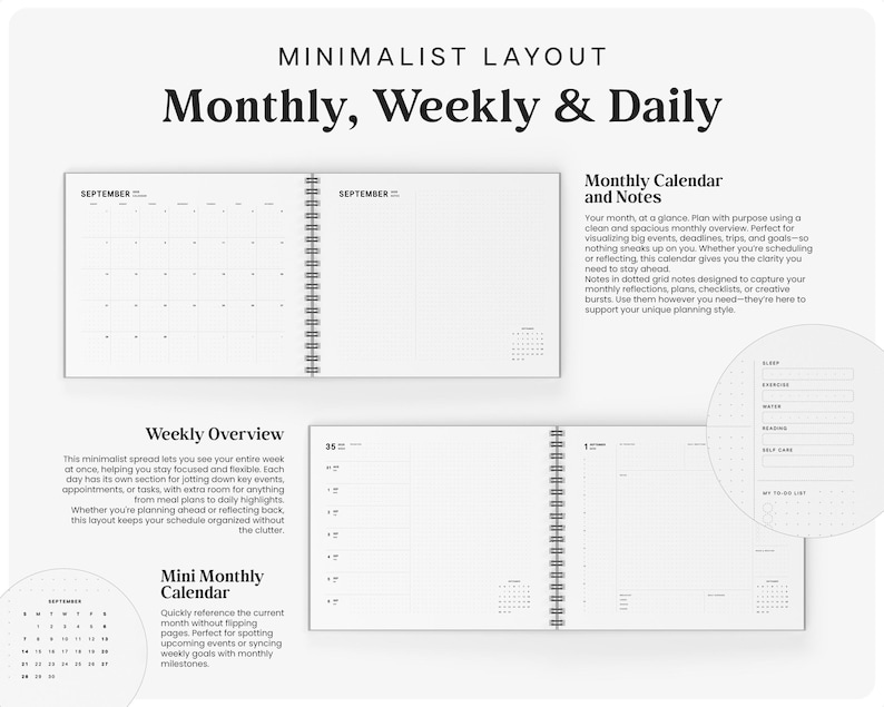 Pu&ograve; includere: Un'agenda minimalista con il testo "Monthly, Weekly & Daily". Include calendari mensili, panoramiche settimanali e mini calendari mensili. Il design &egrave; pulito e spazioso, con note a griglia a punti.