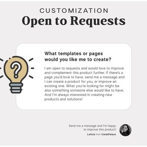 May include: A light bulb with a question mark inside, with the text "What templates or pages would you like me to create?" and "I am open to requests and would love to improve and complement this product further. If there's a page you'd love to have, send me a message and I can create a product for you, or improve an existing one. What you're looking for might be also something someone else would like to have. And I'm always interested in creating new products and solutions!"  below the light bulb. The text "Send me a message and I'm happy to improve this product! Leticia from CardsPalace" is at the bottom of the image.