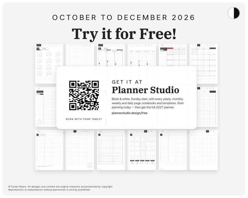 May include: A digital planner display for October to December 2026 featuring various black and white page layouts. A central white box contains a QR code, the text "GET IT AT Planner Studio", and the URL plannerstudio.design/free for tablet use.