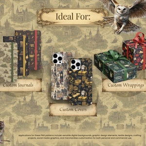 May include: Image featuring custom journals, phone covers, and wrapping paper with various patterns. The journals have green, yellow, and red spines. The phone covers and wrapping paper showcase similar designs. The text "Custom Journals", "Custom Covers", and "Custom Wrappings" are visible.