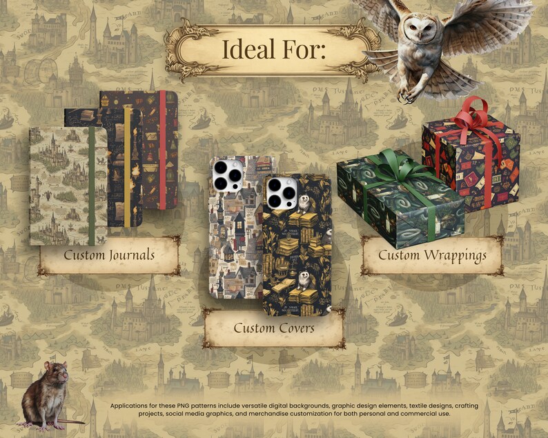 May include: Image featuring custom journals, phone covers, and wrapping paper with various patterns. The journals have green, yellow, and red spines. The phone covers and wrapping paper showcase similar designs. The text "Custom Journals", "Custom Covers", and "Custom Wrappings" are visible.