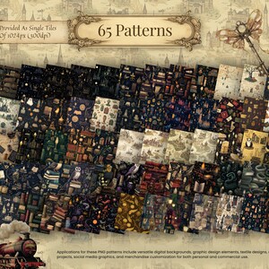 May include: A collection of 65 digital patterns with a fantasy theme. The patterns feature illustrations of books, owls, maps, and other magical elements. The image includes text that reads "Provided As Single Tiles Of 1024px (300dpi)" and "65 Patterns".