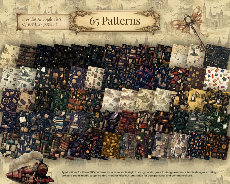 May include: A collection of 65 digital patterns with a fantasy theme. The patterns feature illustrations of books, owls, maps, and other magical elements. The image includes text that reads "Provided As Single Tiles Of 1024px (300dpi)" and "65 Patterns".