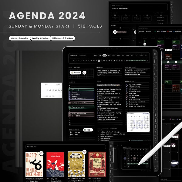 2024 Dark Mode Planner, 2024 Digital Planner in Dark Mode, 2024 Dark Agenda, Goodnotes Dark Mode, Notability Planner, 2024 Digital Agenda