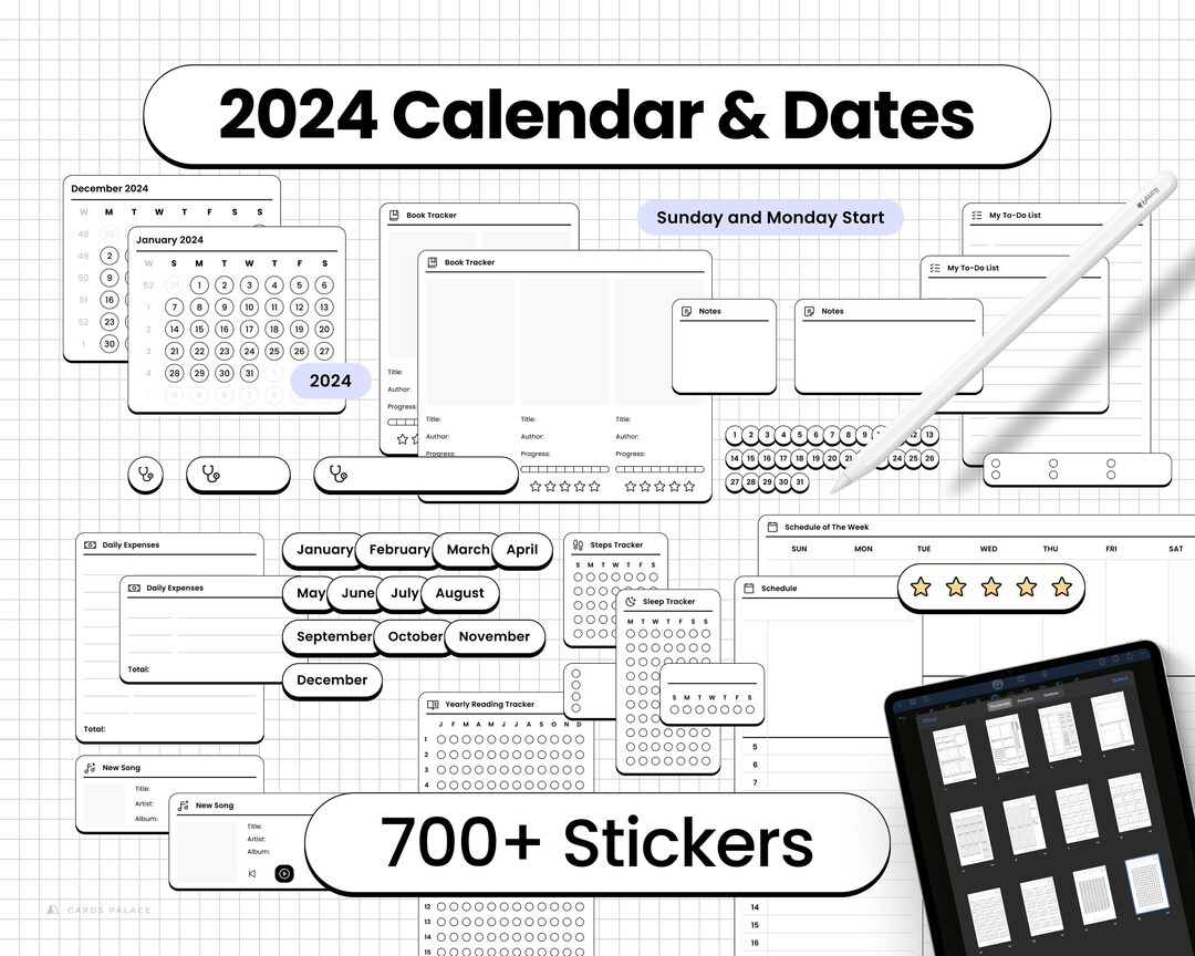 2024 Calendar Dates Stickers, Widgets & Trackers, Digital Planner Stickers Year, Month, Week