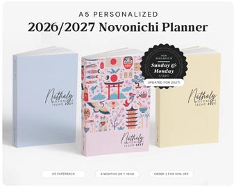 May include: Three A5 personalized 2026/2027 Novonichi planners. The left is light blue, the right is pale yellow, and the center features a colorful Japanese-inspired pattern with a torii gate, koi fish, and cherry blossoms. All include the text Nathaly Novonichi Techo 2027.