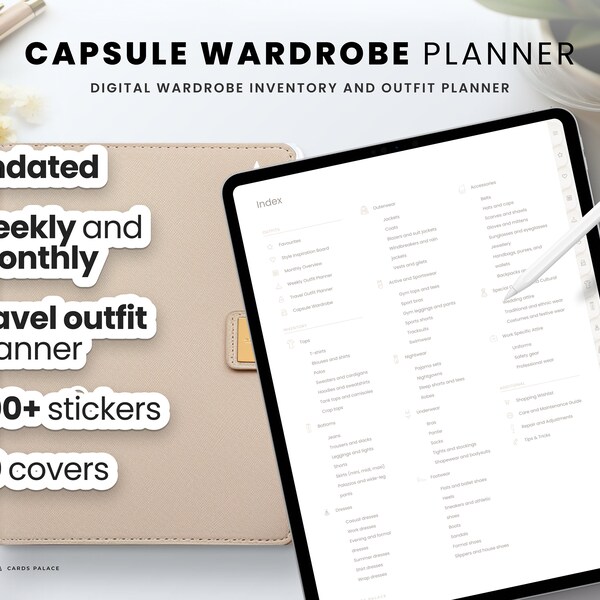 Digital Capsule Wardrobe Planner Undated Monthly Weekly Clothes Style Minimalist Clean Organized Categorized Inventory Care Travel Outfit