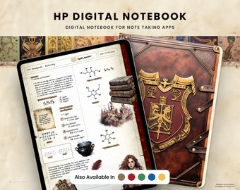 May include: A digital notebook template with a brown leather cover and gold accents. The cover features a crest with a lion and a bird. The notebook is designed for note-taking apps. The text "HP DIGITAL NOTEBOOK" and "DIGITAL NOTEBOOK FOR NOTE TAKING APPS" is displayed at the top of the image. The text "Also Available In" is displayed at the bottom of the image with five color swatches.