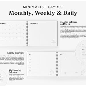 Pu&ograve; includere: Un'agenda minimalista con il testo "Monthly, Weekly & Daily". Include calendari mensili, panoramiche settimanali e mini calendari mensili. Il design &egrave; pulito e spazioso, con note a griglia a punti.