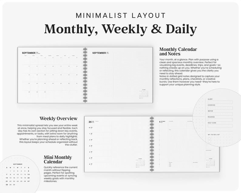 Pu&ograve; includere: Un'agenda minimalista con il testo "Monthly, Weekly & Daily". Include calendari mensili, panoramiche settimanali e mini calendari mensili. Il design &egrave; pulito e spazioso, con note a griglia a punti.