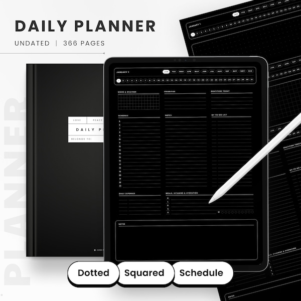 Dark Mode Digital Undated Daily Planner, Daily Bullet Journal, Squared Note Planner, Daily Schedule, Goodnotes Planner, Dark Mode Journal