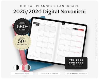 May include: A digital planner with the text "2025/2026 Digital Novonichi" displayed on a tablet. The image includes badges indicating "580+ pages" and "50+ planners included." There are three color options available.