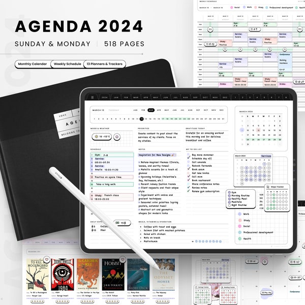 2024 Digital Planner Landscape, 2024 Digital Dated Daily Planner, Weekly Schedule, 2024 iPad Planner, 2024 GoodNotes Planner Notability Wide