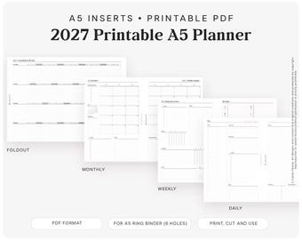 Printable Planner Inserts A5 2027 | September–December Monthly Calendar, Weekly Schedule, Daily & Notes Pages PDF