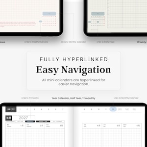 May include: A digital planner interface featuring daily and weekly views with hyperlinked mini calendars for navigation. The layout includes text labels such as Fully Hyperlinked Easy Navigation and a 2027 year calendar view with monthly sections.