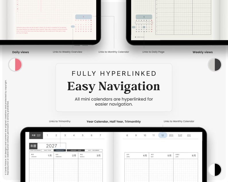 May include: A digital planner interface featuring daily and weekly views with hyperlinked mini calendars for navigation. The layout includes text labels such as Fully Hyperlinked Easy Navigation and a 2027 year calendar view with monthly sections.