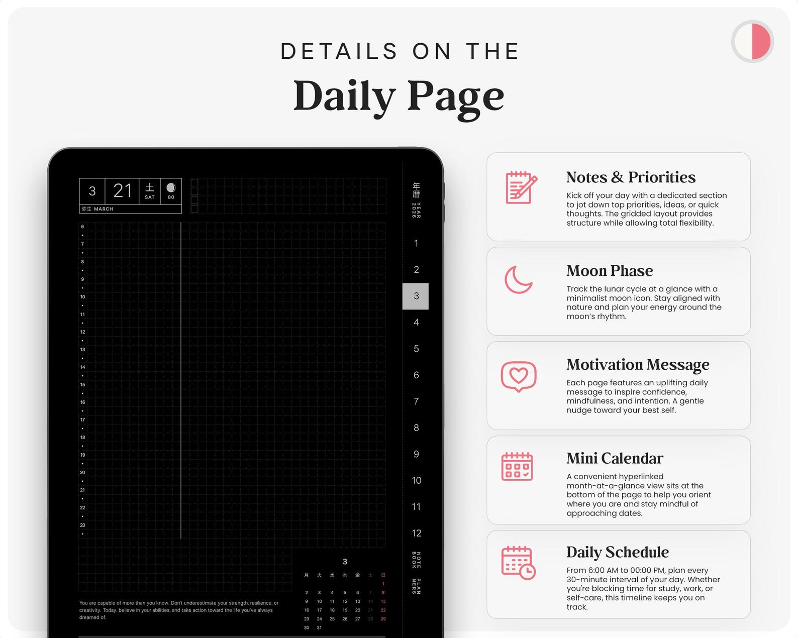 Dark Mode Hobonichi 2025 2026 Digital Planner for Goodnotes Daily Week ...