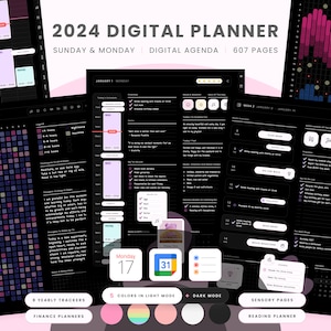 May include: A digital planner for 2024 with a dark background and colorful accents. It includes a weekly planner, yearly trackers, finance planners, sensory pages, and a reading planner. The planner is available in both light and dark mode.