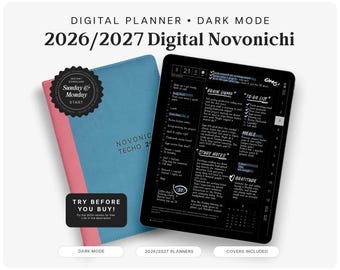 May include: A 2026/2027 digital Novonichi planner in dark mode, featuring a blue and pink cover and a tablet screen displaying a daily schedule, to-do list, brain dump, study notes, meals, and gratitude sections with handwritten-style text.