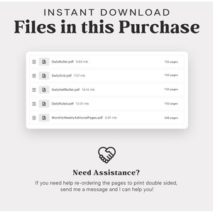 May include: A screenshot of a digital download listing for printable planner pages. The listing includes five different daily planner pages and one monthly/weekly planner page. The listing also includes a message about needing assistance with re-ordering the pages for double-sided printing.