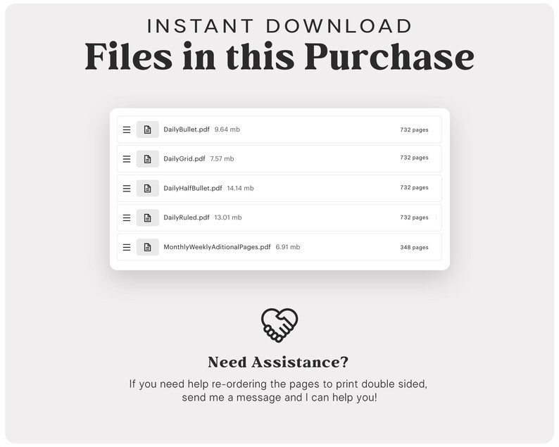 May include: A screenshot of a digital download listing for printable planner pages. The listing includes five different daily planner pages and one monthly/weekly planner page. The listing also includes a message about needing assistance with re-ordering the pages for double-sided printing.
