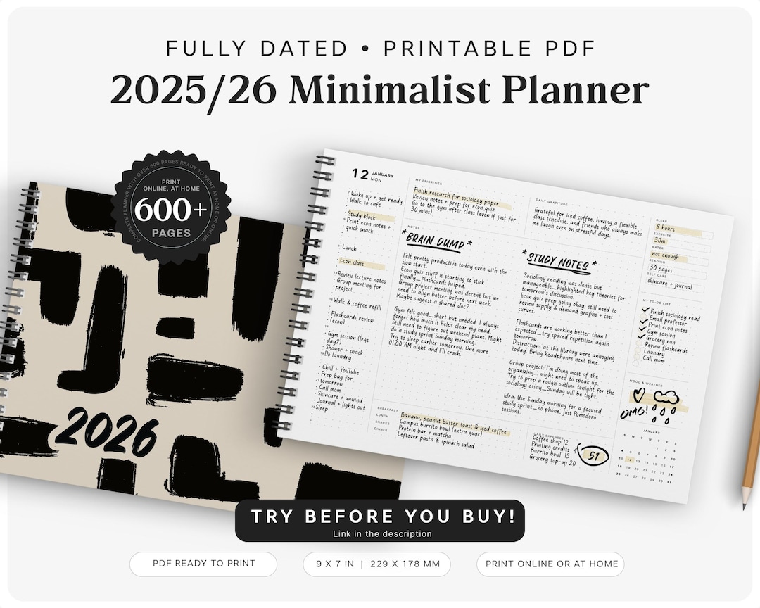 2025 2026 Minimalist Planner | Printable Small Landscape PDF | Daily ...
